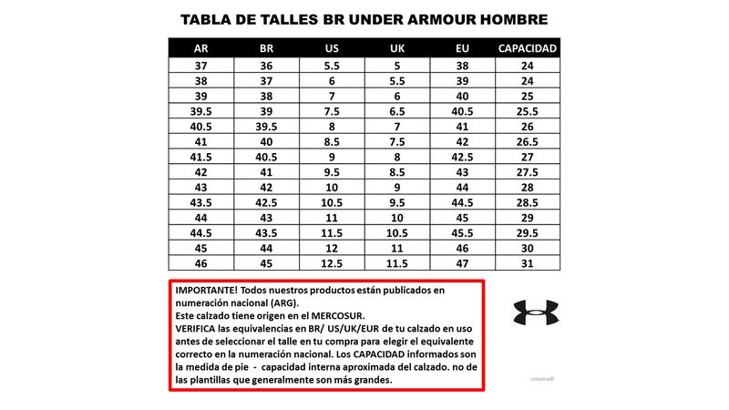 Guia de tallas shop zapatos under armour colombia