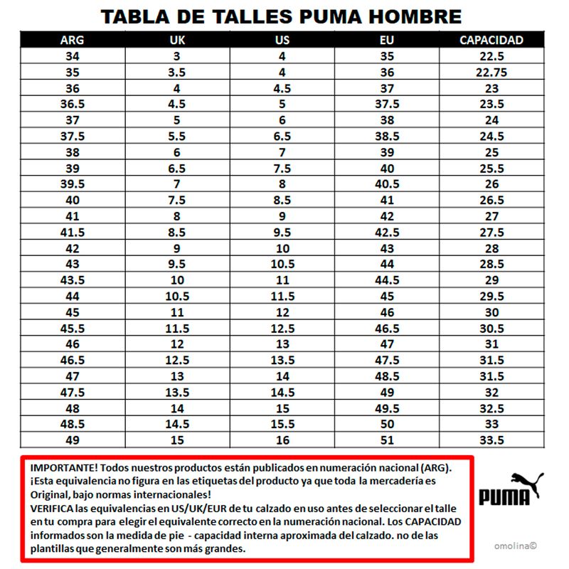Zapatillas Puma Indoor GUIA DE TALLES