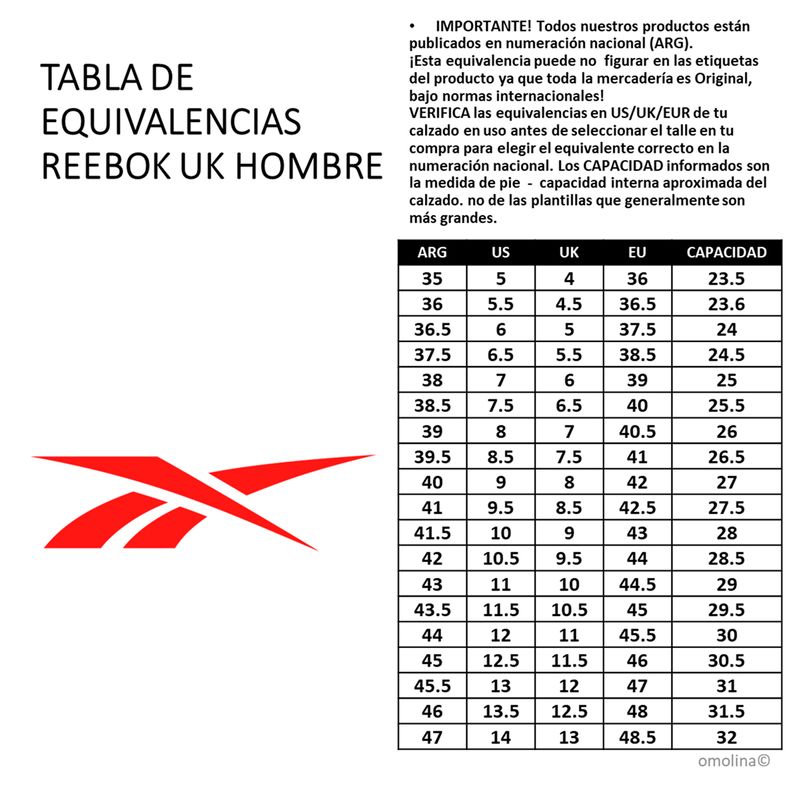 Zapatillas Reebok Court Retro GUIA DE TALLES