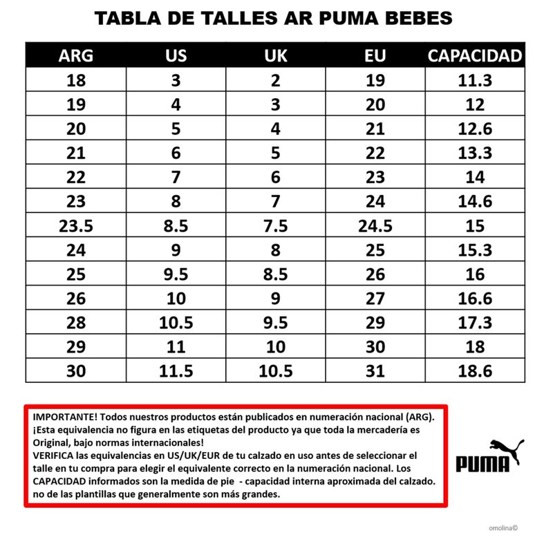 Zapatillas Puma Carina 3.0 V Inf GUIA DE TALLES