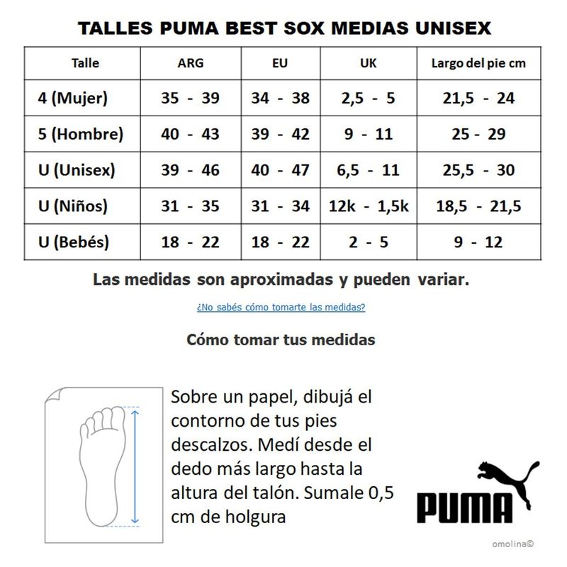 Medias Puma Kids Flower Quarter  Niño Guia de Talles